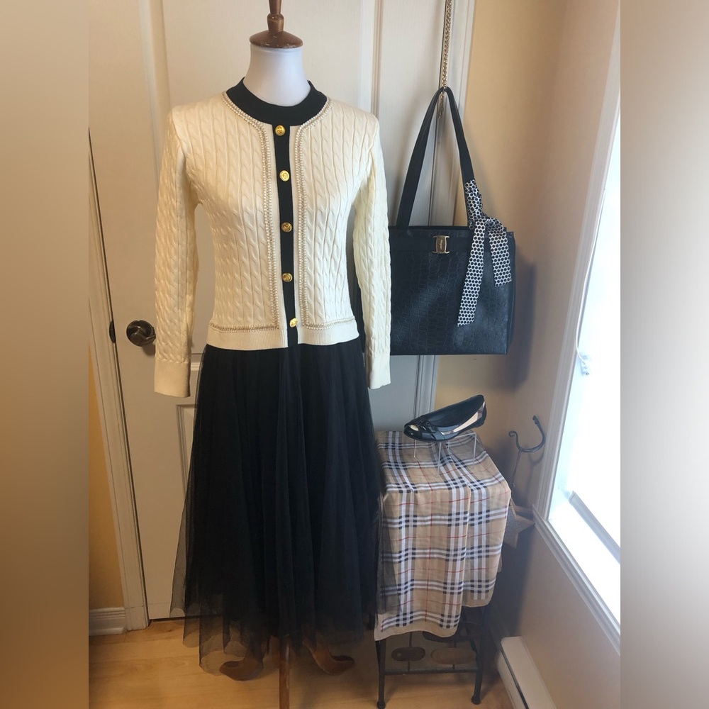 Black Tulle Midi Skirt dress with cable knit top